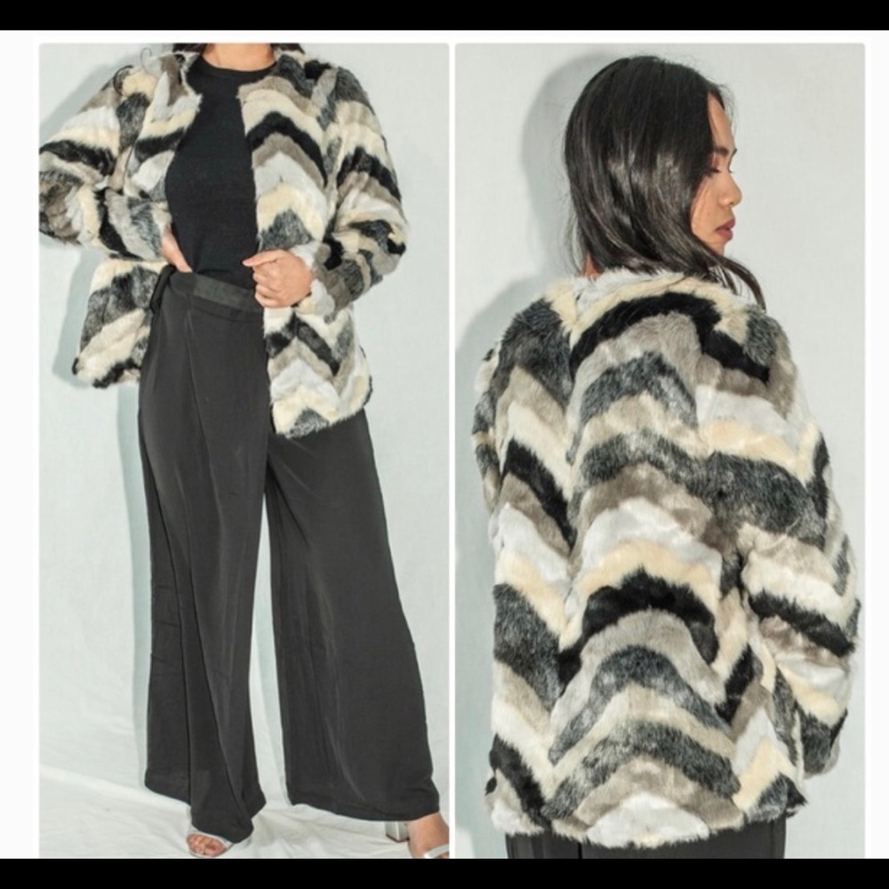 Fate Chevron Multicolor Faux Fur Coat Jacket